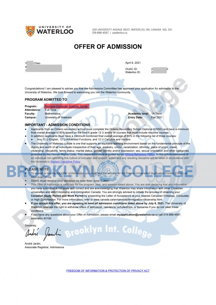 University of Waterloo CS Co-op offer letter