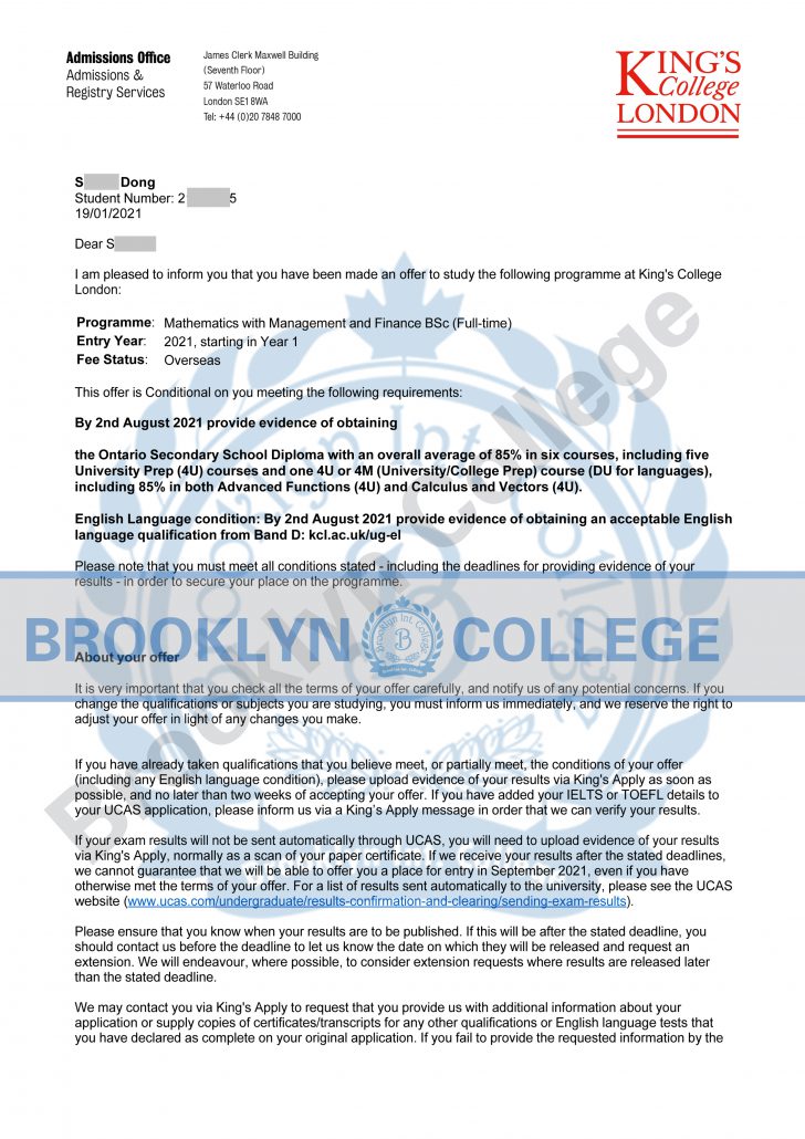 KCL Mathematics offer letter