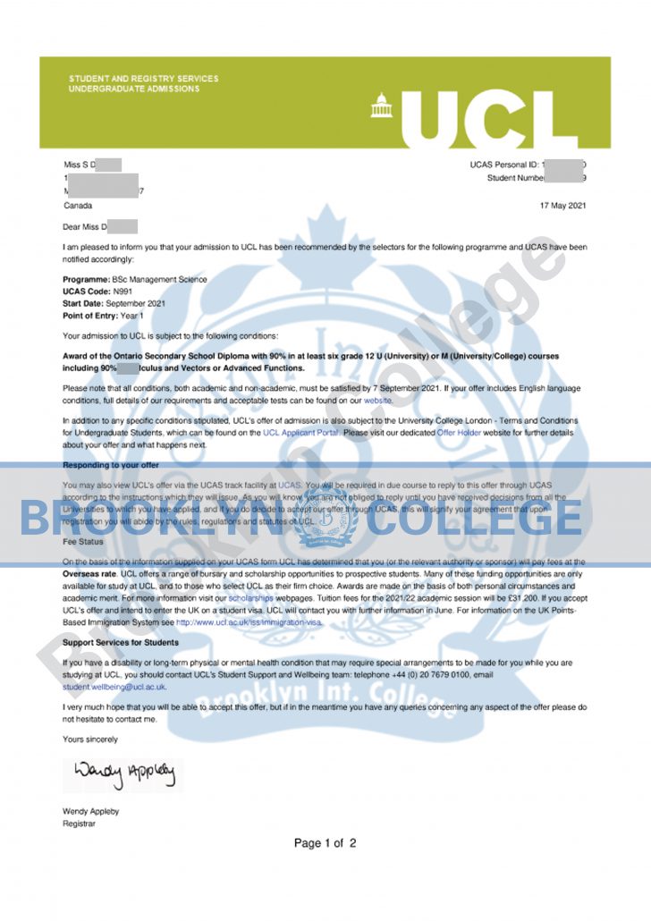 UCL Management Science offer letter