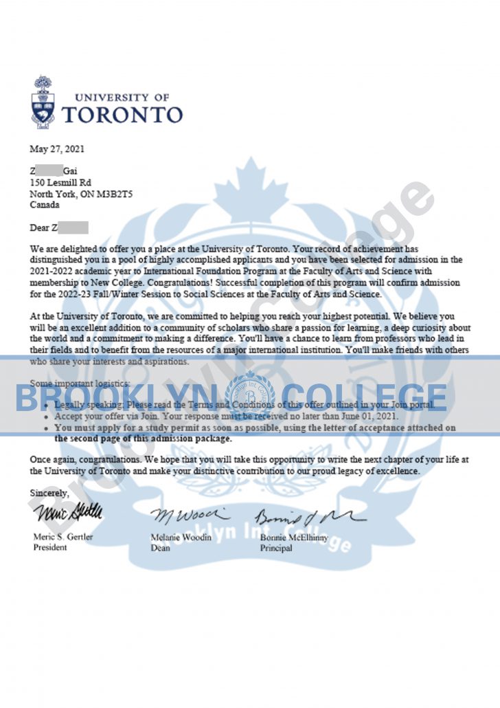 U of T Arts and Science offer letter