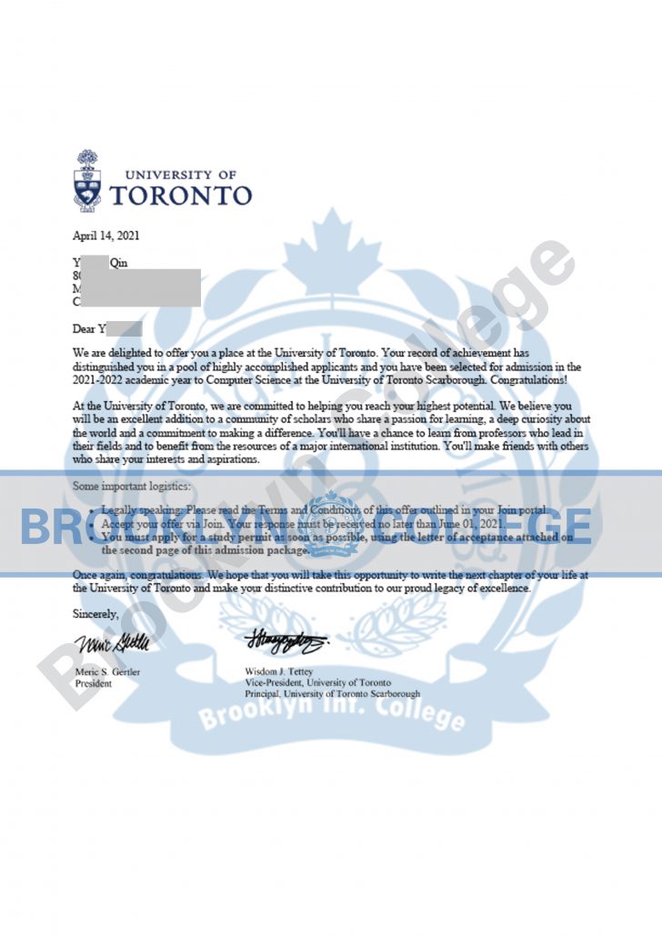 UTSC Computer Science offer letter